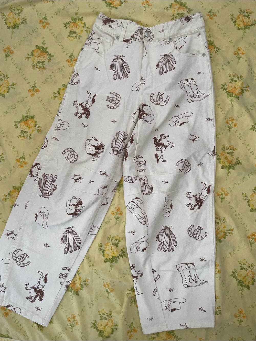 Cowboy Western Style Pattern White Jeans